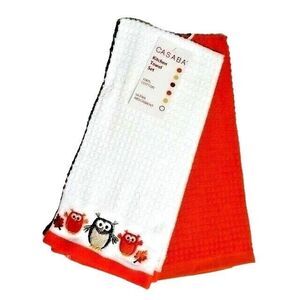 Owls Embroidered Kitchen Towels Fall Holiday Orange White 2pc Bird Gift NEW